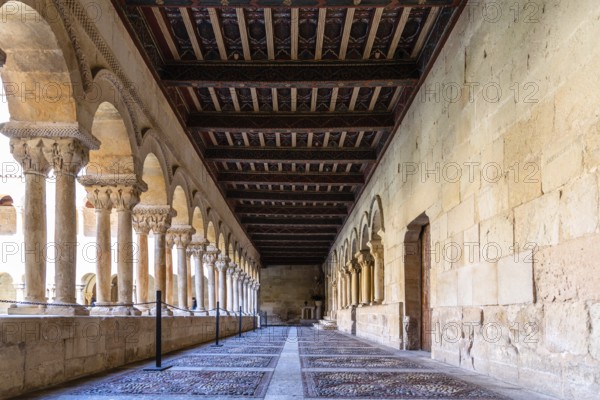 Santo Domingo de Silos, Spain, April 16, 2019: The cloister of Santo Domingo de Silos Abbey. It is a Benedictine monastery and a masterpiece of Romanesque art, Europe