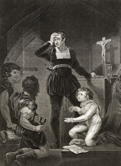 Prinz Arthur, Herzog der Bretagne, und Hubert de Burgh, Szene aus "Das Leben und der Tod von König Johann", einem Historienspiel von William Shakespeare