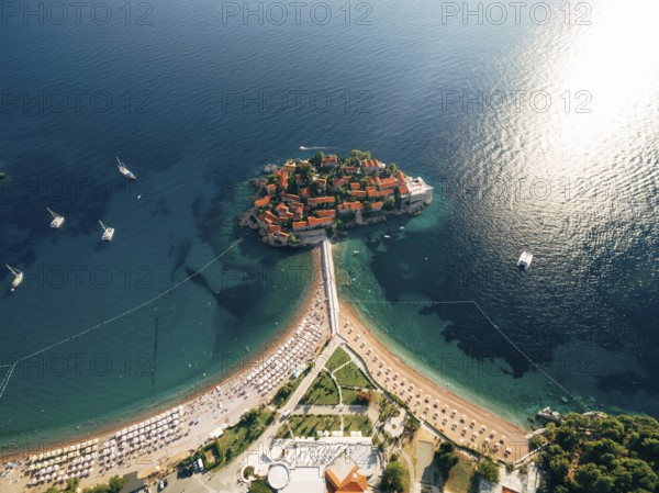 Aerial view of the beaches near the island of Sveti Stefan. Montenegro.