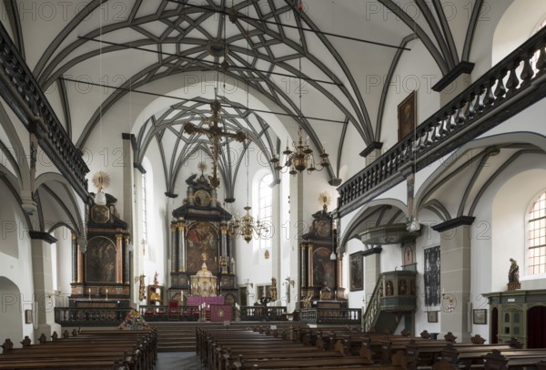Built 1659-1668 by the lay brothers of the Jesuit order, view southwards to the high altar, gallery without supports!