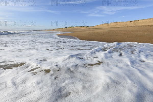 Sea foam on the beautiful sand Atlantic ocean beach in France