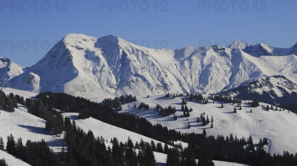 Mount Albristhore and snow covered mountains near Lenk, Switzerland, Europe