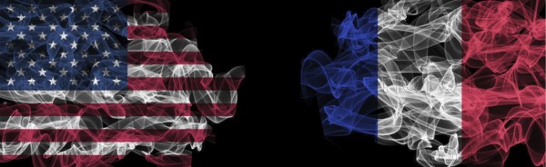 Flags of USA and France on Black background, USA vs France Smoke Flags
