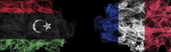 Flags of Libya and France on Black background, Libya vs France Smoke Flags
