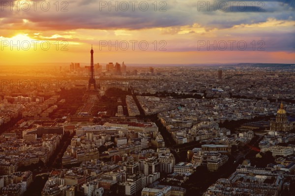 Eiffel Tower in Paris aerial sunset at France