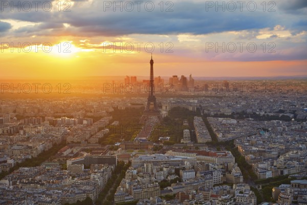 Eiffel Tower in Paris aerial sunset at France