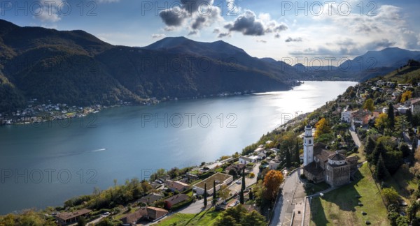 An aerial panorama view of Vico Morcote village and Lake Lugano in southern Switzerland