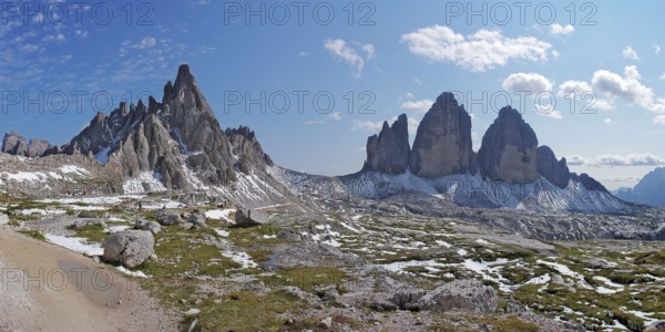 View of the Three Peaks and the Paternkofel from the path to the Dreizinnenhütte, Sesto Dolomites, South Tyrol