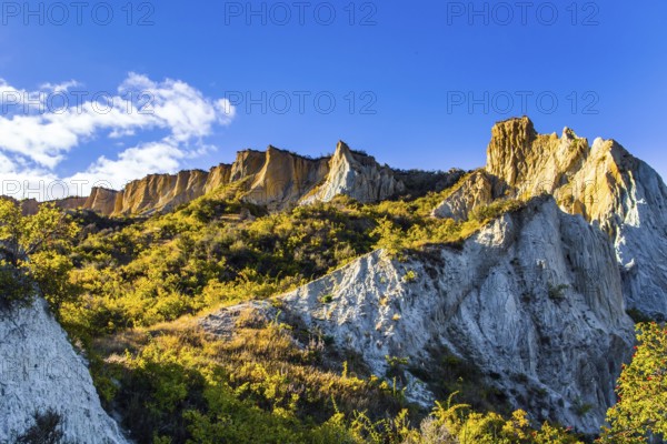 Fabulous country of New Zealand. Travel to the South Island. Warm sunny day. High white Clay cliffs with sharp peaks at sunset. The concept of eco, active, exotic and phototourism