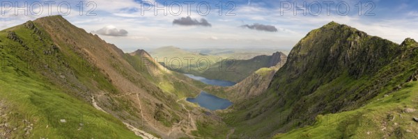 View from the Llanberis Path, Snowdonia, Gwynedd, Wales, UK, looking northeast at Garnedd Ugain, Glaslyn, Llyn Llydaw and Mount Snowdon