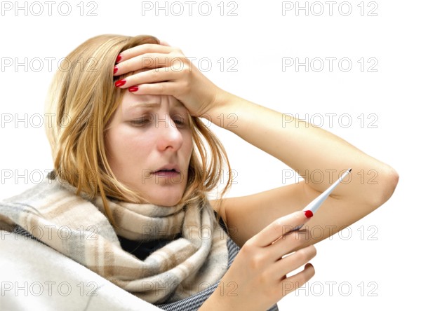 Young beautiful blonde ill woman, isolated on white background