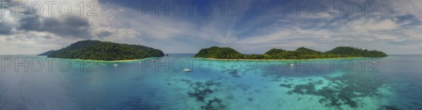 Aerial panorama view of beauty nature landscape with beach, corals and sea on tropical Koh Rok island, Thailand, Asia