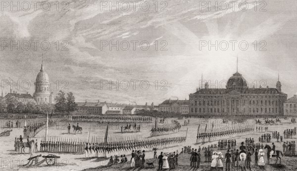 Champ de Mars, the École Militaire, Paris, antique steel engraved print, 1831