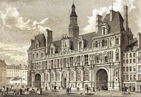 Hôtel de Ville, Paris, antique steel engraved print, 1831