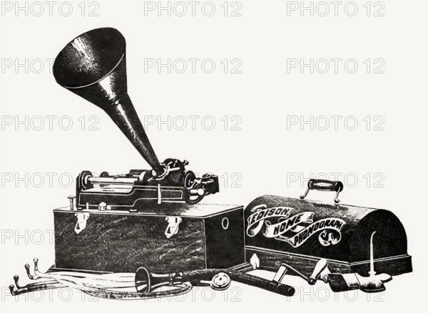 Historical illustration, 19th Century, Home Phonograph, by Thomas Alva Edison, 1901