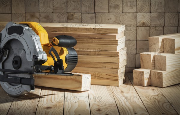 Electric power tool corded circular hand saw on wooden background
