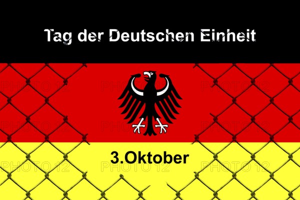 3 October, Day of German Unity, federal eagle, national colours, map of Germany, black-red-gold, chain-link fence