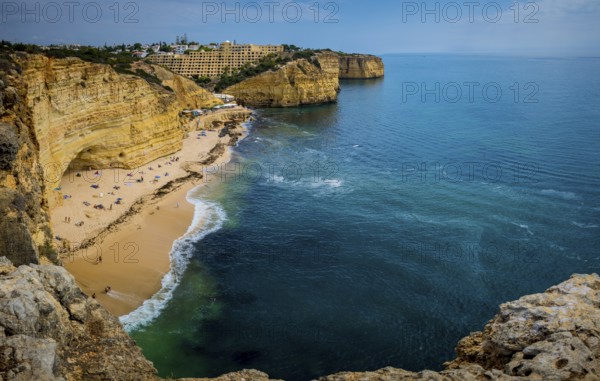 Carvoeiro, Portugal, September 2022: High angle view on Praia do Vale de Centeanes on the coast of Algarve, Portugal, Europe
