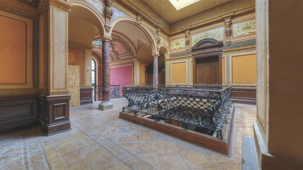 Impressive room with balcony, ornate railing and colourful ceiling, Villa Woodstock, Lost Place, Brill, Wuppertal, North Rhine-Westphalia, Germany, Europe