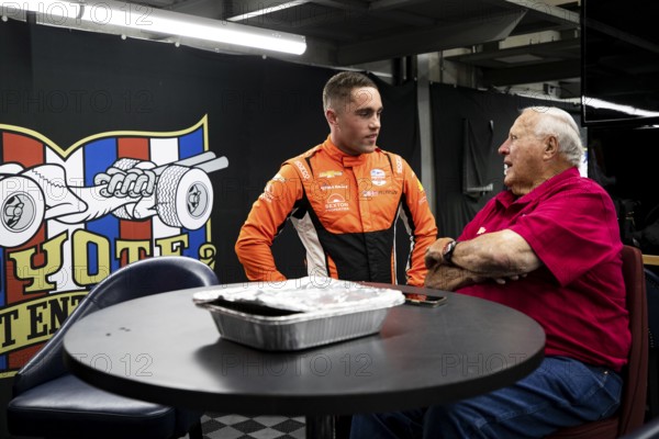 BENJAMIN PEDERSEN (R) (55) of Copenhagen, Denmark talks with A.J. Foyt prior to the Sunday morning warmup for the GMR Grand Prix at Indianapolis Motor Speedway in Speedway IN