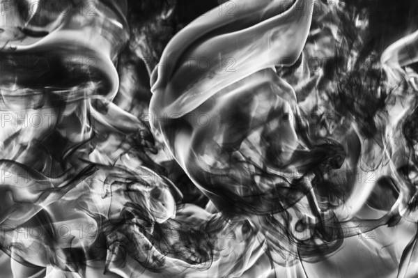 Abstract plume of natural black smoke and white huge flame of strong fire, motion blur from fire, high temperature flames. Dramatic moody black and white image. Dangerous firestorm abstract background