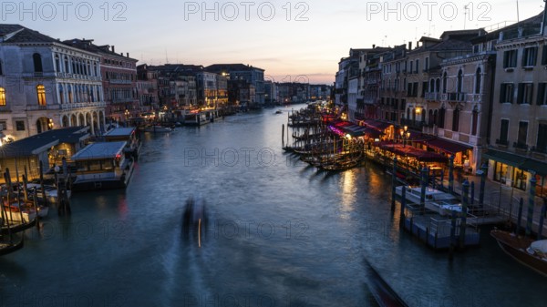 Blue hour, view over the Grand Canal, from the Rialto Bridge, Venice, Veneto, Italy, Europe