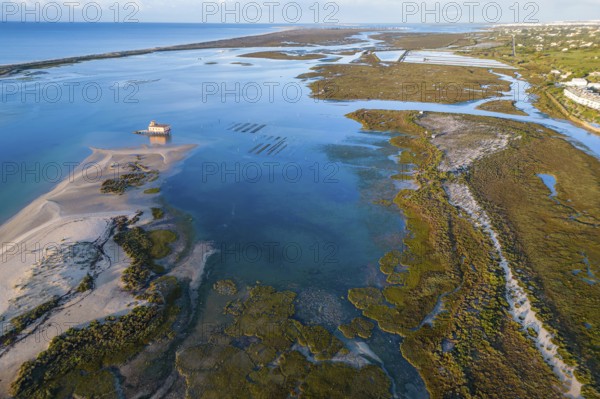 Fuseta, sea coast, beach, wetland, aerial view, nature reserve, drone shot, Algarve, Portugal, Europe