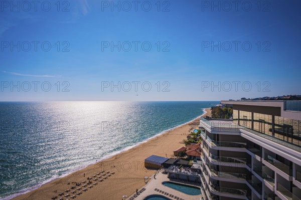 Beach view in sunny weather, the sea stretches to the horizon, Golden Sands, Varna, Bulgaria, Europe