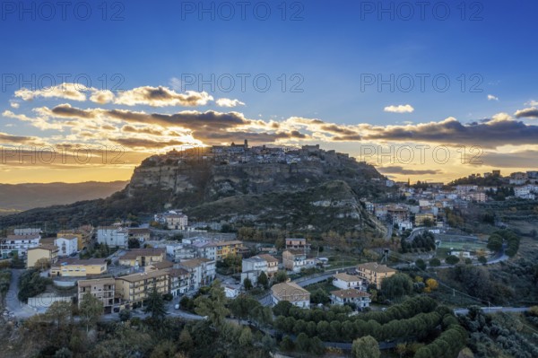 Santa Severina, Italy, 6 December, 2023: drone view of the hilltop village of Santa Severina in Calabria at sunrise, Europe