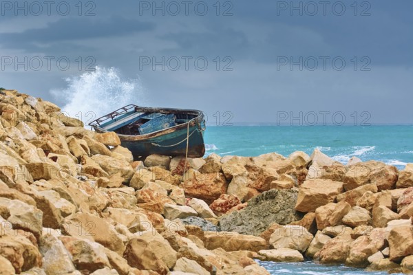 Boat on the Stony Shore of Black Sea in Varna, Bulgaria, Europe