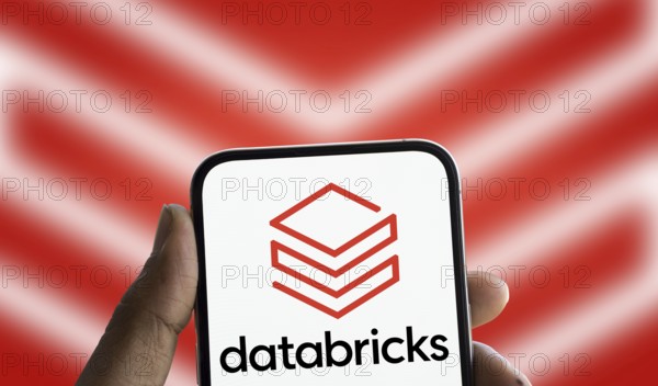 Databricks logo is displayed on smartphone. Databricks Inc is a global data, analytics and artificial intelligence (AI) company.