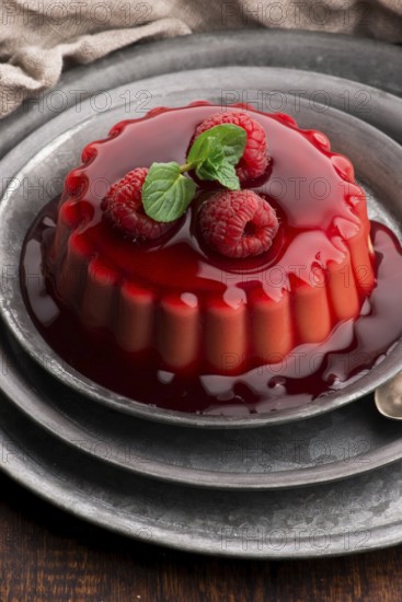 Vanilla pudding with raspberry and raspberry sauce