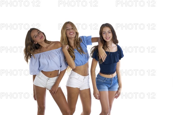 Thee teen best friends girls happy together on white background