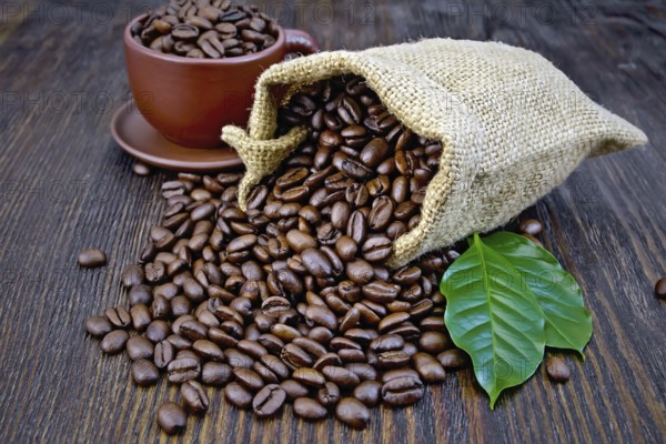 Bag of black coffee beans, brown cup and green leaves on a wooden board background