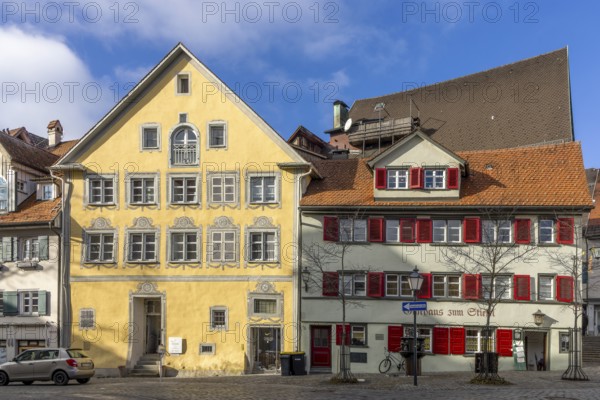 Two buildings and the donkey fountain on Eselbergstraße, Wangen im Allgäu, Baden-Württemberg, Germany, Europe
