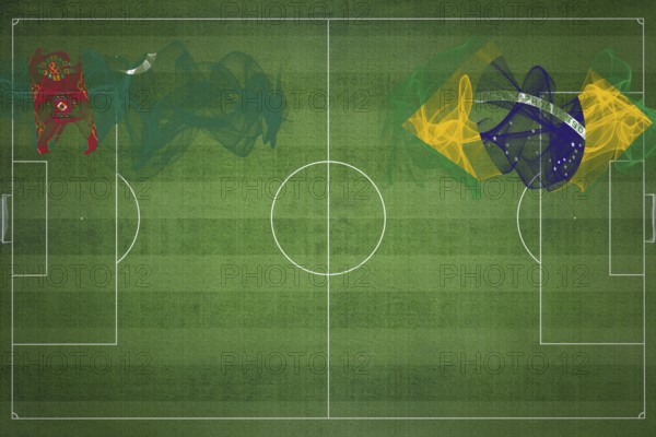 Turkmenistan vs Brazil Soccer Match, national colors, national flags, soccer field, football game, Competition concept, Copy space