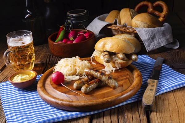Rustic Nürnberger, bratwurst with sauerkraut and bread rolls