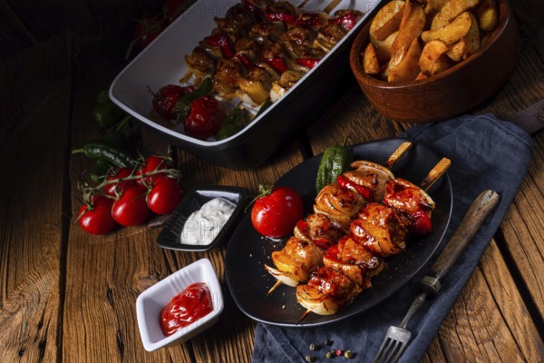 Marinated kebabs with meat and vegetables