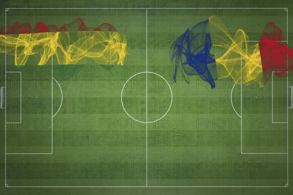 Bolivia vs Romania Soccer Match, national colors, national flags, soccer field, football game, Competition concept, Copy space