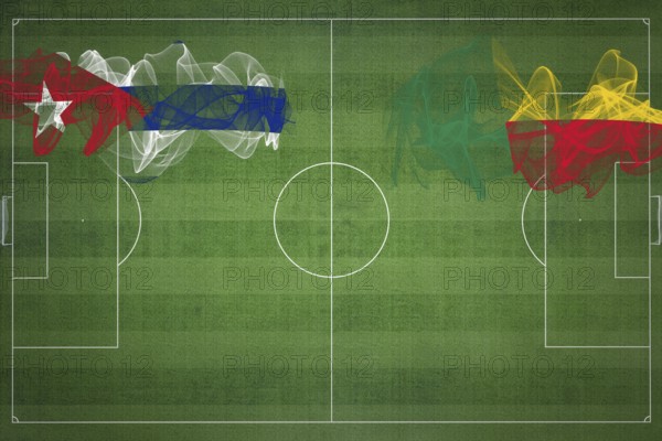 Cuba vs Benin Soccer Match, national colors, national flags, soccer field, football game, Competition concept, Copy space