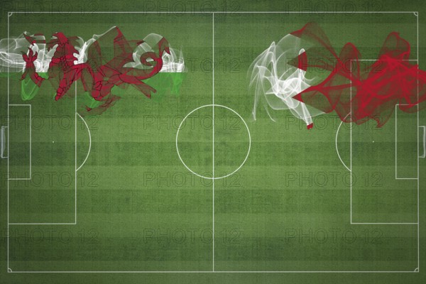 Wales vs Bahrain Soccer Match, national colors, national flags, soccer field, football game, Competition concept, Copy space