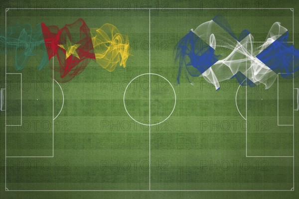 Cameroon vs Scotland Soccer Match, national colors, national flags, soccer field, football game, Competition concept, Copy space