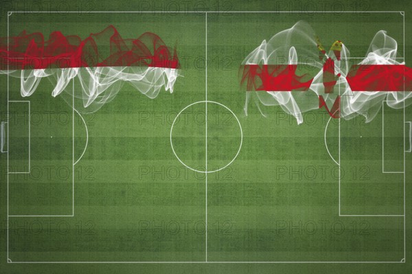 Indonesia vs Northern Ireland Soccer Match, national colors, national flags, soccer field, football game, Competition concept, Copy space