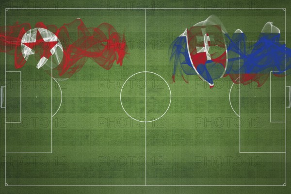 North Korea vs Slovakia Soccer Match, national colors, national flags, soccer field, football game, Competition concept, Copy space