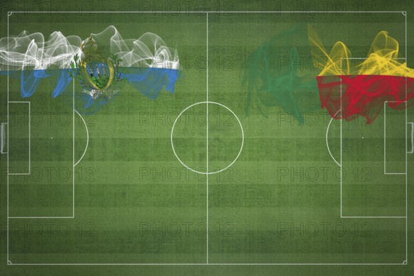 San Marino vs Benin Soccer Match, national colors, national flags, soccer field, football game, Competition concept, Copy space
