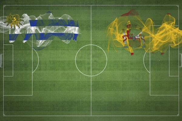 Uruguay vs Spain Soccer Match, national colors, national flags, soccer field, football game, Competition concept, Copy space