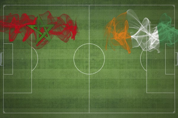 Morocco vs Ivory Coast Soccer Match, national colors, national flags, soccer field, football game, Competition concept, Copy space