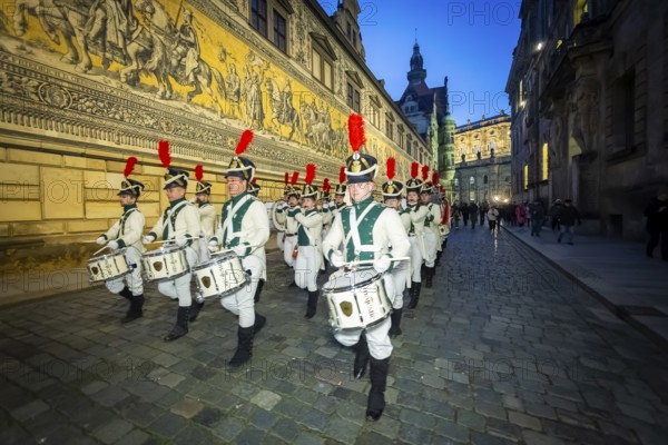 The world champion of marching bands, the Radeberger Spielmannszug, opens the Dresden Winter Festival with a parade, Dresden, Saxony, Germany, Europe