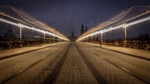 Long exposure at night of a street with fairy lights and street lamps leading to a central point, Christmas market Augustusbrücke Dresden