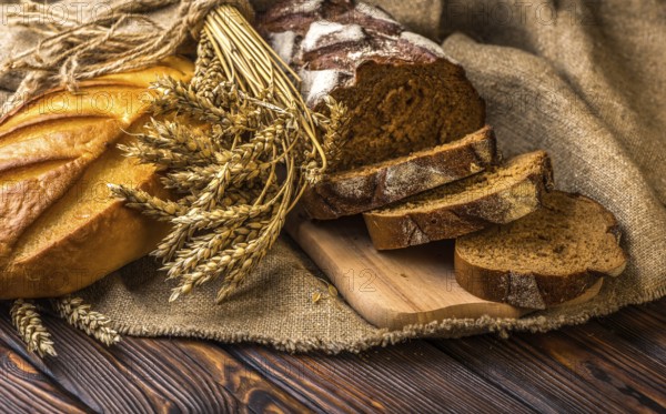 Still life with fresh bread on wooden table